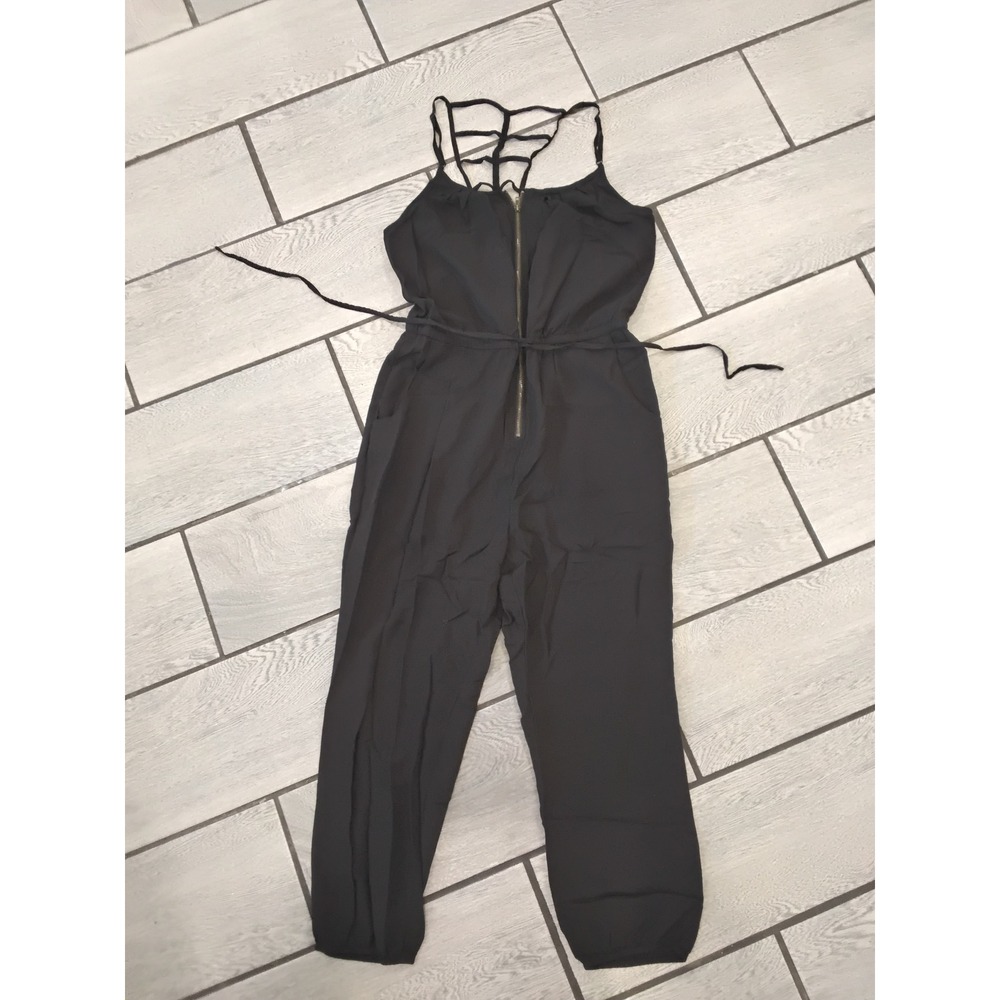 Love Tree Black Strappy Zip Up Wide Leg‎ Jumpsuit Medium